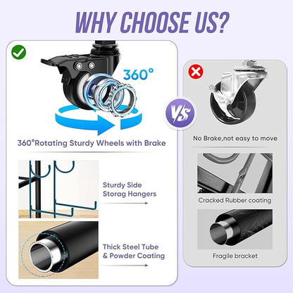 WUC Adjustable Dumbbell Rack, Weight Rack for Home Gym Storage, All-in-One Workout Equipment Storage with Wheels and Hooks for Dumbbells, Kettlebells, Yoga Mats & Balls, Durable Powder Coated Steel