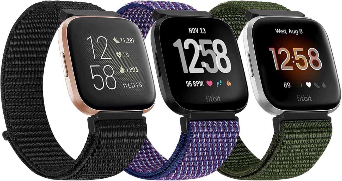 Tiptops 3 Pack Bands Compatible with Fitbit Versa 2/Fitbit Versa/Versa Lite/Versa SE for Women Men, Soft Nylon Sports Loop Replacement Wristband for Fitbit Versa 2 Straps