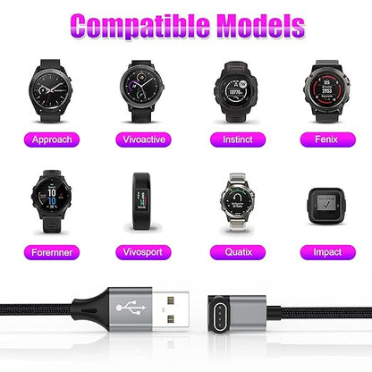 AGVEE 3.3ft Charger for Garmin Watch, L-Shape Charging Cable for Fenix, Forerunner, Vivoactive, Instinct, Venu, Tactix, Approach, D2, Quatix Series, Right Angle Braided, Dark Gray