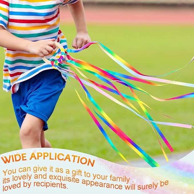 12 Pcs Rainbow Ribbon Wooden Waldorf Toys Creative Waldorf Hand Kite Set Streamers with Wood Ring Sensory Learning Educational Toy for Playroom Dancing Birthday (Gradient Color)