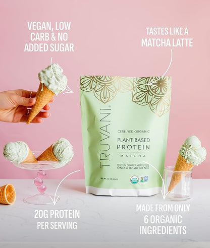 Truvani Vegan Pea Protein Powder | Matcha | 20g Organic Plant Based Protein | 20 Servings | Keto | Gluten & Dairy Free | Low Carb | No Added Sugar