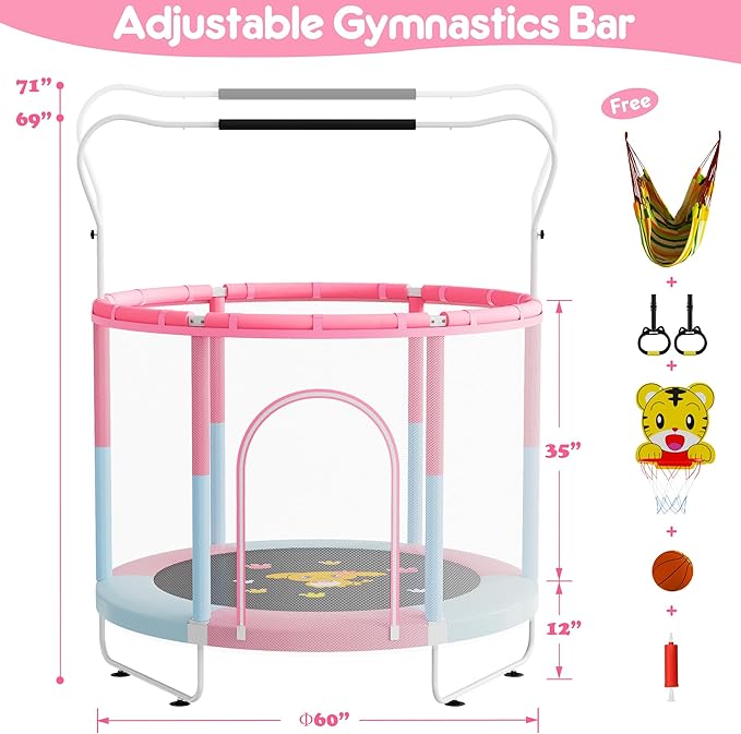 60" Trampoline for Kids, 5 FT Indoor & Outdoor Toddler Baby Trampoline with Basketball Hoop, Safety Enclosure, Birthday Gifts for Kids, Gifts for Boy and Girl, Age 3-8