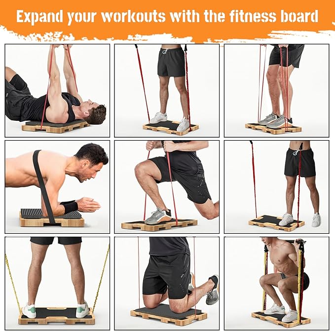 Wooden Fitness Board - Resistance Band Workout Footplate with Foam Pad & Storage Bag - Wood Exercise Step Platform with Non-Slip Surface for Home Body Gym, Strength Training