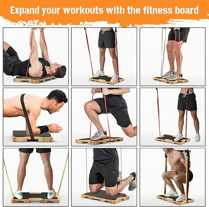 Wooden Fitness Board - Resistance Band Workout Footplate with Foam Pad & Storage Bag - Wood Exercise Step Platform with Non-Slip Surface for Home Body Gym, Strength Training