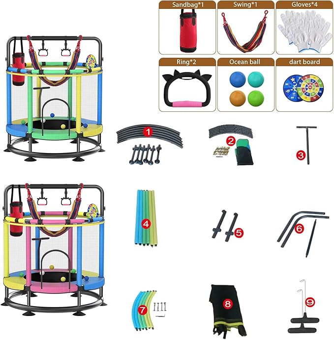 Trampoline for Kids, Full Anti-Rust 440lbs Anti-Rollover Round Bottom Toddler Trampoline, T-handrail Adjustable Baby Toddler Trampolines Dart Board