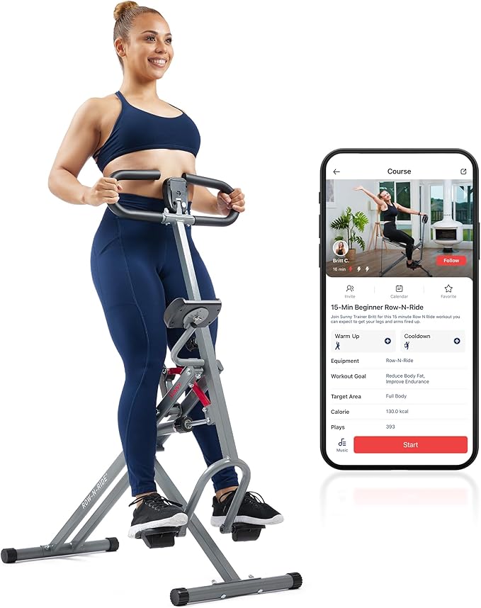 Sunny Health & Fitness Row-N-Ride PRO, Full Body Combo Squat Machine w/Optional Resistance Band, Easy Setup Ab Workout Exercise Equipment for Home, Whole Body Cardio, Optional SunnyFit App Connection
