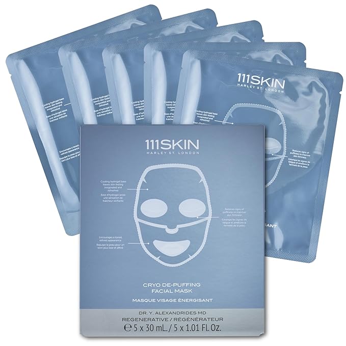 111SKIN Cryo De-Puffing Energy Facial Mask - Fragrance Free - Tighten, De-Puff & Refresh - Peptides & Caffeine - Set of 5 (1 oz each) - Depuffing Face Mask