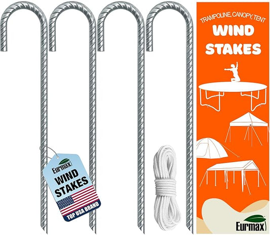 Eurmax USA Trampolines Stakes Heavy Duty Ground Stakes Canopy Parts Wind Stake with Rope 12 Inch