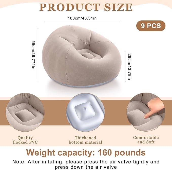 Realspring 9 Pcs Bean Bag Chairs for Adults Inflatable Chairs with Electric Air Pump,Blow up Couch Folding Portable Inflatable Couch Lazy Sofa for Reading Living Room Camping (Coffee)