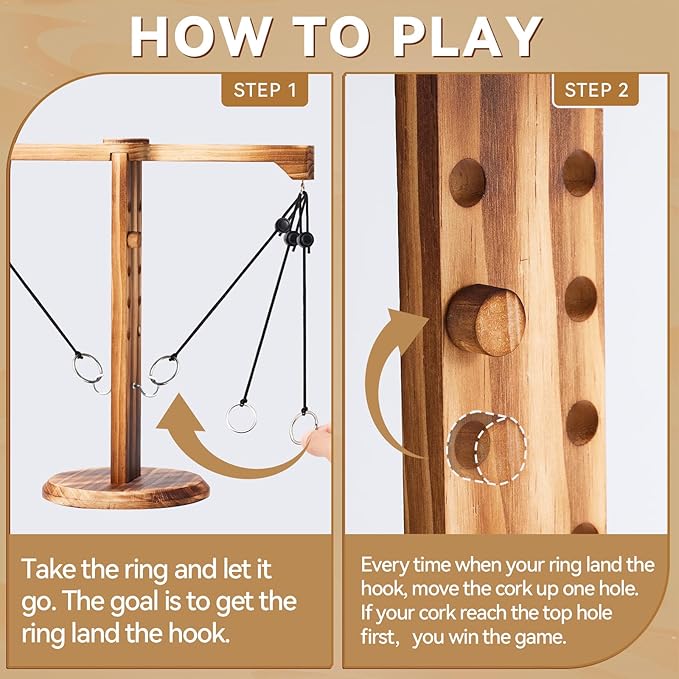 Uzoli Ring Toss Game for Adults, Wooden Hook and Ring Game, Fun Ring Hook Throwing Game Outdoor and Indoor, Family Game for Party Camping Yard