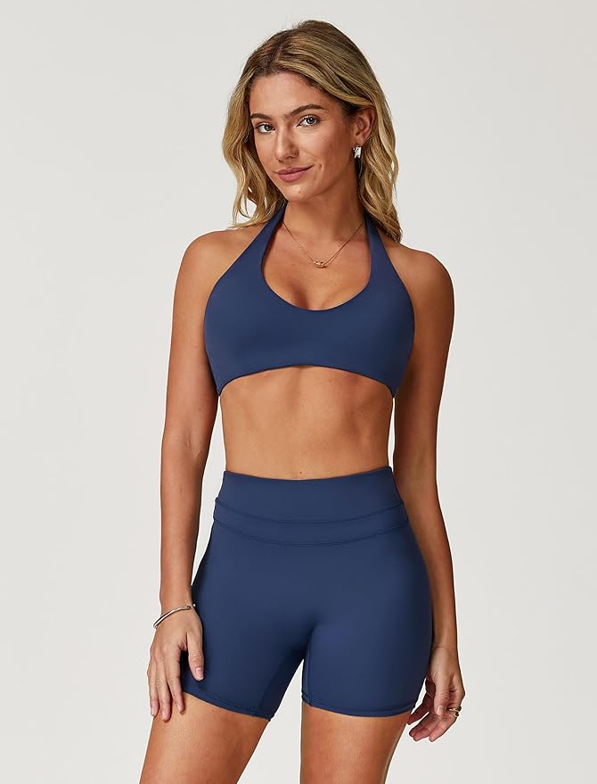 Two piece yoga short set for women with Halter top and gym short Matching workout sets for yoga,Pilates,run