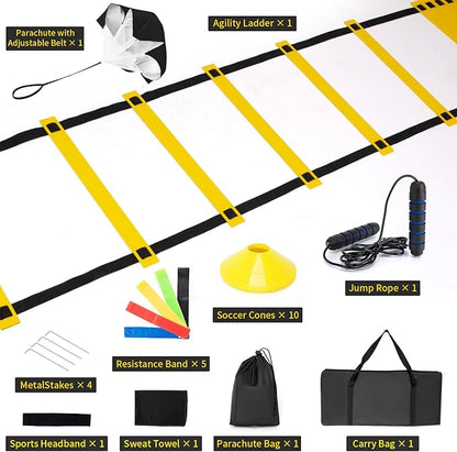 Speed Ladder Agility Ladder, Football Training Equipment Set-20feet 12 Rungs Speed Ladder,10 Disc Cones, Resistance Parachute, Jump Rope, 4 Resistance Bands