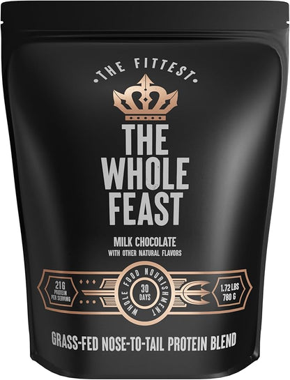 The Fittest Whole Feast Beef Protein Powder - Milk Chocolate - Grass Fed Nose to Tail Carnivore Blend Including Liver, Colostrum and Whole Bone - BCAAs - 14g Collagen, 21g Total Protein