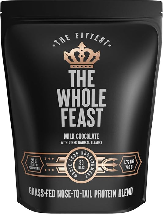 The Fittest Whole Feast Beef Protein Powder - Milk Chocolate - Grass Fed Nose to Tail Carnivore Blend Including Liver, Colostrum and Whole Bone - BCAAs - 14g Collagen, 21g Total Protein