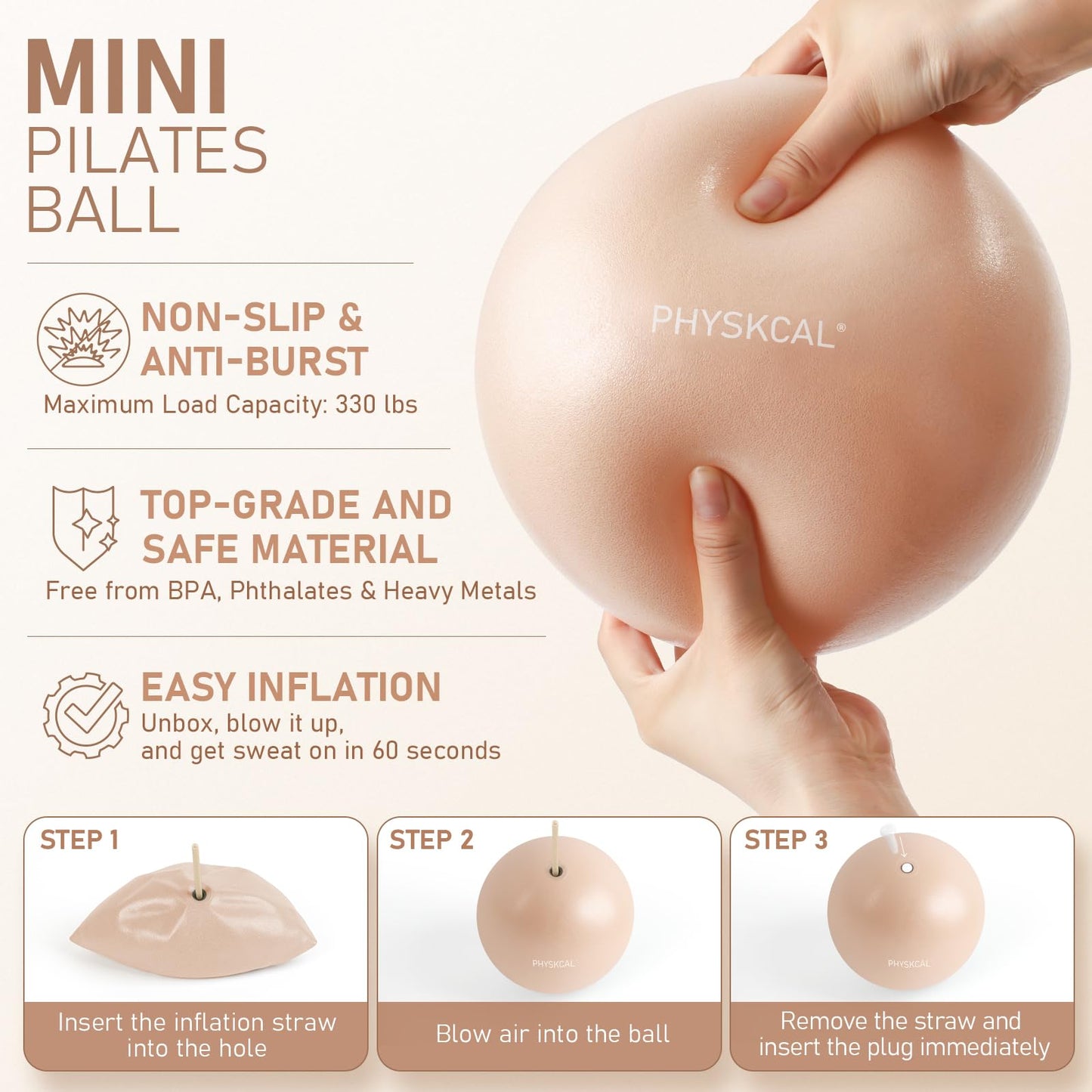 PhysKcal Pilates Kit, 15-Inch Pilates Ring with Pilates Ball & Bands, Nude