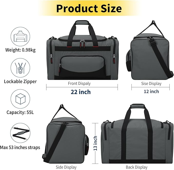 22 inch Gym Bag for Men - 55L Large Travel Duffle Bag Sports Equipment Bag with Multiple Zippered Pockets,Outdoor Workout Duffle Bag for Overnight Weekend - Dark Grey