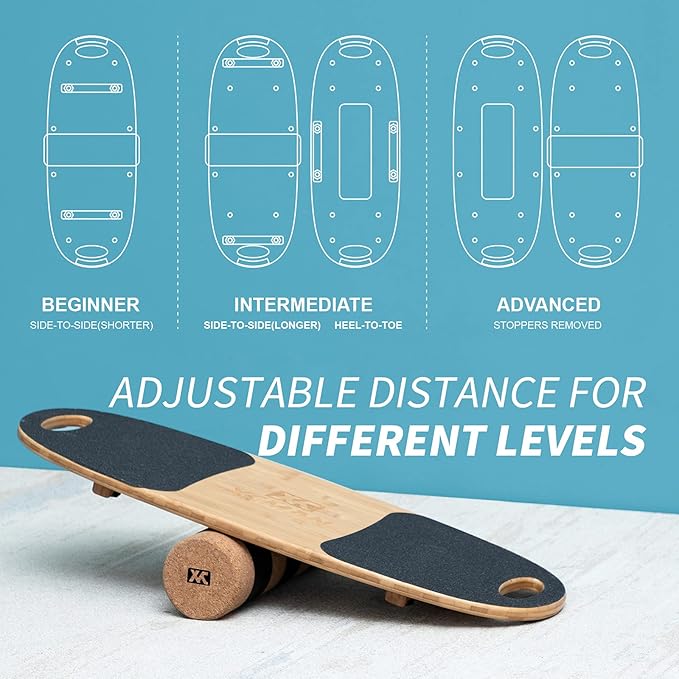 XCMAN Balance Board Surf Trainer with Adjustable Stoppers - 3 Different Distance Options Bamboo Balance Board for Surfing, Snowboarding, Skiing, Skateboarding, Yoga Training