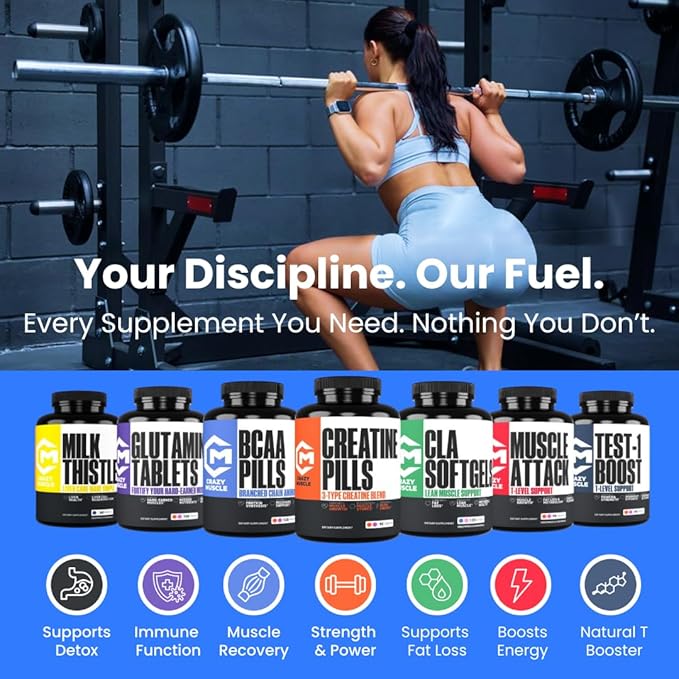 Crazy Muscle Creatine Pills, 5g 3X Pure Creatine Monohydrate, Pre Workout Bulk Muscle Mass Gainer, High Absorption Easy to Take ThreeAtine 3 Type Optimum Performance for Lean Growth, 90 Tablets