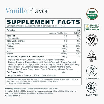 Ora Organic Plant-Based Protein Powder - 23g Protein for Women and Men - Vanilla Flavor 20 Servings, Vegan, Clean Protein, Third-Party Tested, Gluten-Free - 20 Servings