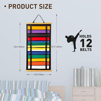 12Belts Karate Belt Display Rack with Bamboo Frame, Felt Taekwondo Belt Display, Martial Art Belt Display Holder for Martial Art Learner, Not Easily Deformed Surprise Choice (Stud Included)