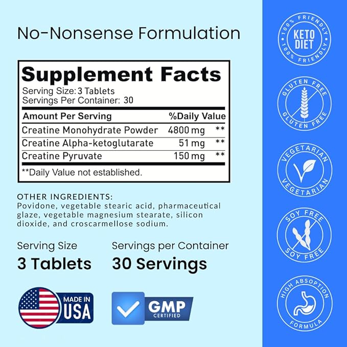 Crazy Muscle Creatine Pills, 5g 3X Pure Creatine Monohydrate, Pre Workout Bulk Muscle Mass Gainer, High Absorption Easy to Take ThreeAtine 3 Type Optimum Performance for Lean Growth, 90 Tablets