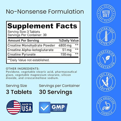 Crazy Muscle Creatine Pills, 5g 3X Pure Creatine Monohydrate, Pre Workout Bulk Muscle Mass Gainer, High Absorption Easy to Take ThreeAtine 3 Type Optimum Performance for Lean Growth, 90 Tablets