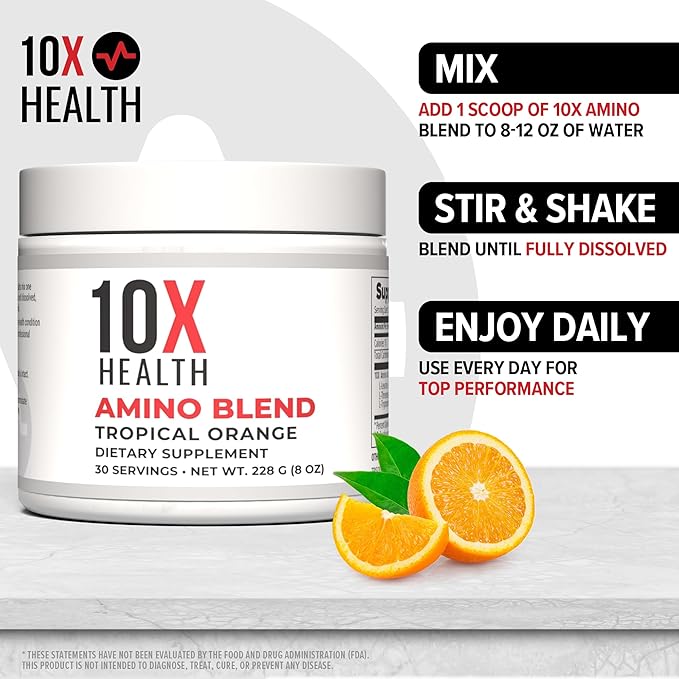 10X Health Amino Blend Pre Workout Powder for Men - Tropical Orange Flavor - EAA & BCAA Powder Amino Acids Supplement for Energy, Muscle Strength & Performance ??Pre and Post Workout - 30 Servings