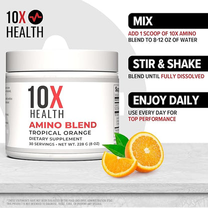 10X Health Amino Blend Pre Workout Powder for Men - Tropical Orange Flavor - EAA & BCAA Powder Amino Acids Supplement for Energy, Muscle Strength & Performance ??Pre and Post Workout - 30 Servings