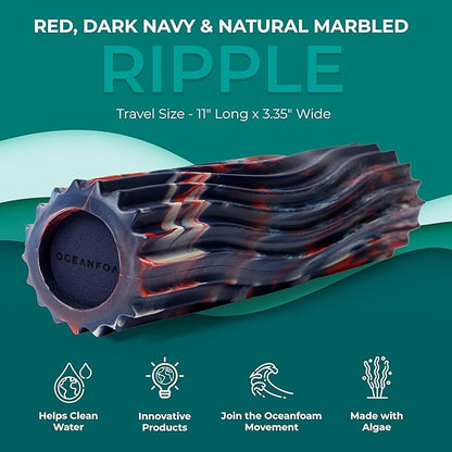 Oceanfoam Ripple Travel Foam Roller (11" x 3.35") Firm Mini Foam Roller for Physical Therapy, Deep Tissue Massage, Back Pain - High Density, Wave Textured - Yoga (Red, Dark Navy & Natural Marbled)