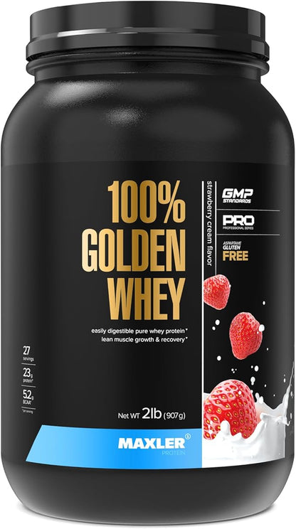Maxler 100% Golden Whey Protein - 23g of Protein per Serving - Premium Whey Protein Powder for Pre Post Workout - Fast-Absorbing Whey Concentrate, Isolate & Hydrolysate Blend - Strawberry Cream 2 lb