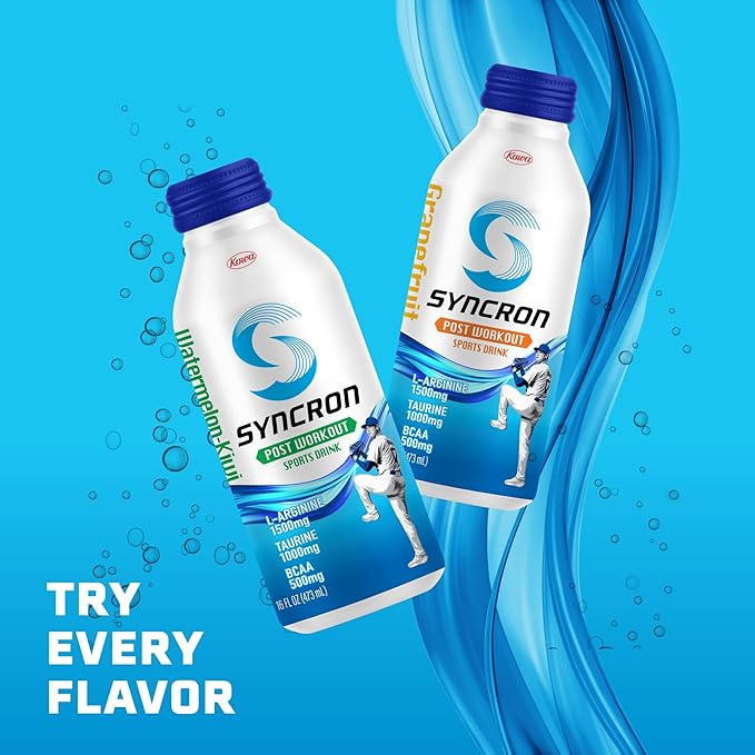 Syncron Post Workout Sports Drink Endorsed by Shohei Ohtani, Sugar Free Electrolyte Hydration, Taurine, L Arginine, BCAAs for Athletes, Watermelon Kiwi & Grapefruit Flavors, Variety 6 Pack, 16 oz