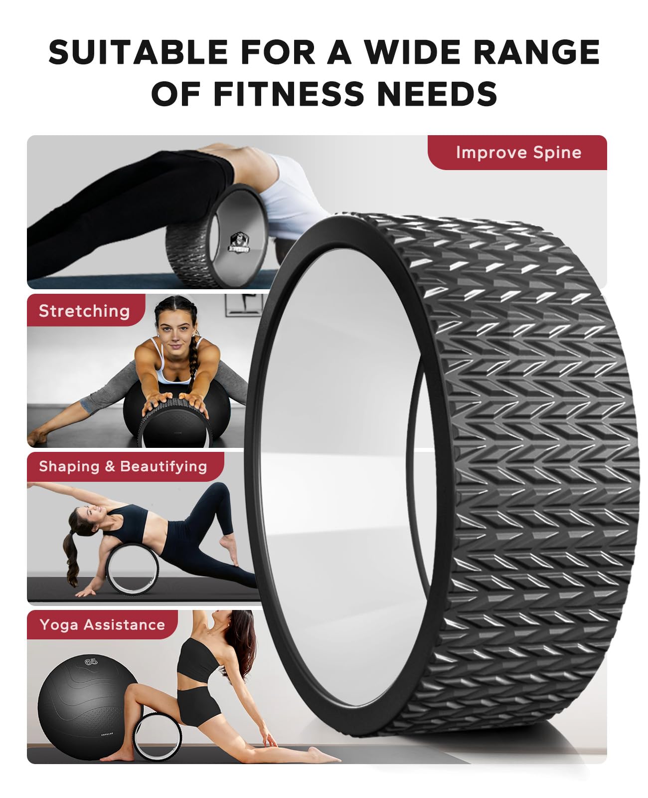 HAPBEAR Yoga Wheel Set with Exercise Ball, 12'' Back Roller Wheel for Back Pain Relief, Foam Roller