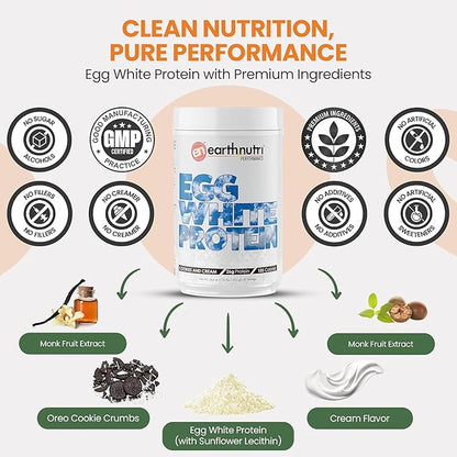 EarthNutri - Egg White Protein Powder Supplement for Pre, Intra or Post Workout, 26g of Protein Per Serving, Supports Muscle Strength & Recovery, No Artificial Additives - Cookies 20 Servings (640g)