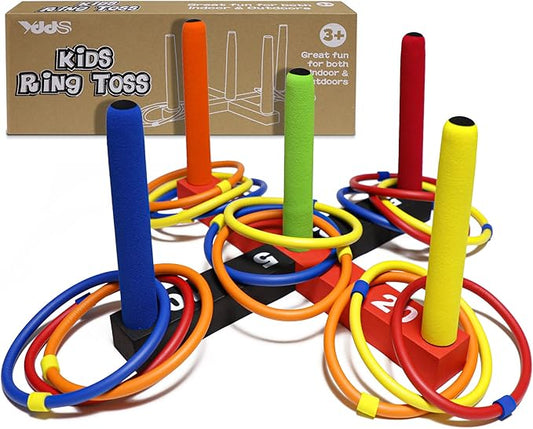 Ring Toss Game for Kids, Indoor & Outdoor Game for Family and Adults with 5 Poles, 2 Bases and 16