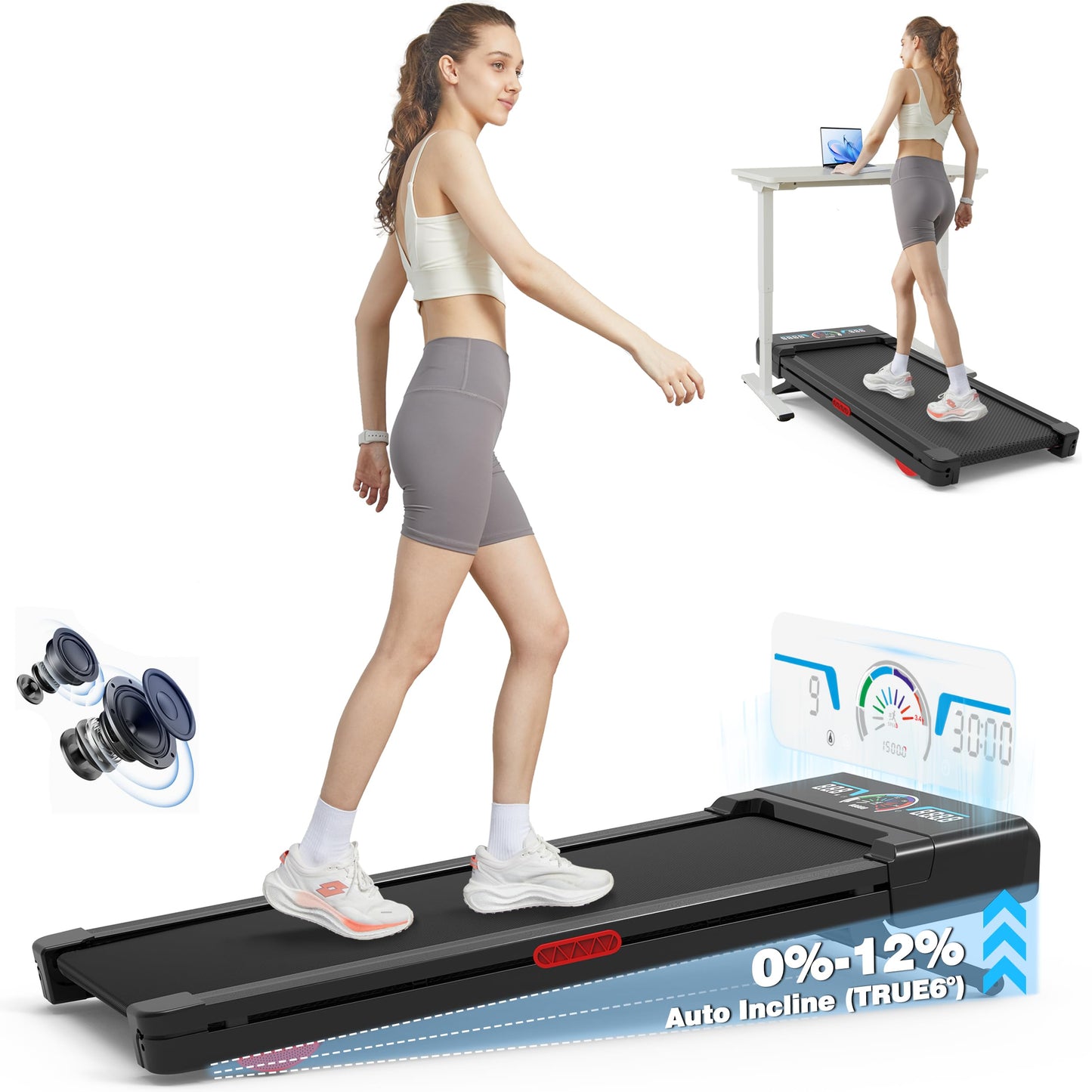 Walking Pad Treadmill 12% Auto Incline, Under Desk Treadmill, Black