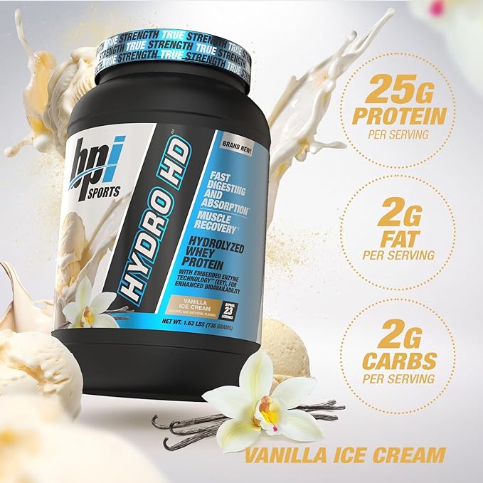 BPI Sports Hydro HD - 100% Hydrolyzed Whey Protein Powder - Muscle Growth, Recovery, 25g of Hydrolyzed Protein, Low Carb, Low Sugar, Fast Absorbing (23 Servings, Vanilla Ice Cream)