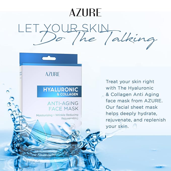 Azure Cosmetics Hyaluronic Acid & Collagen Anti Aging Sheet Facial Mask - Rejuvenating & Moisturizing Face - Helps Reduce Fine Lines & Wrinkles, Tightens & Smooths - Made in Korea - Pack of 5