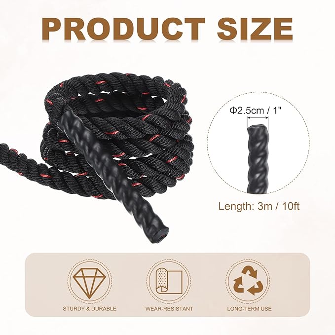 MECCANIXITY Battle Rope 10ft x 1 Inch Polyester Workout Rope Heavy Fitness Exercise Rope for Strength Training Home Gym Muscle Building, Black Red