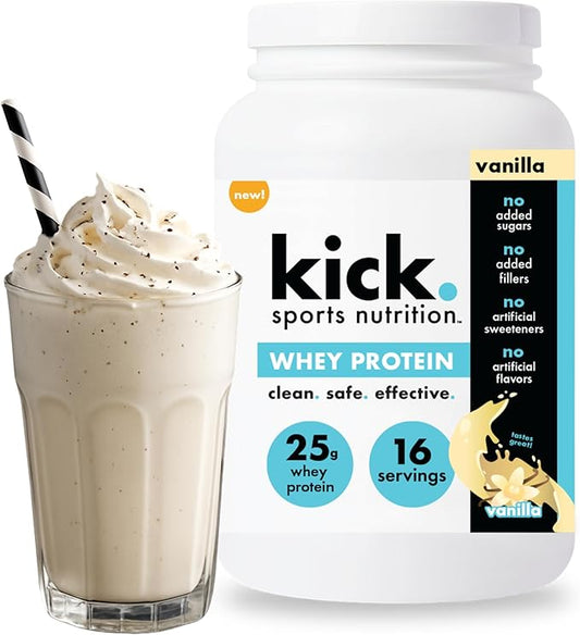 Kick Whey Protein Powder, Vanilla Flavor, 25 G Protein, Gluten Free Workout Supplement With Amino