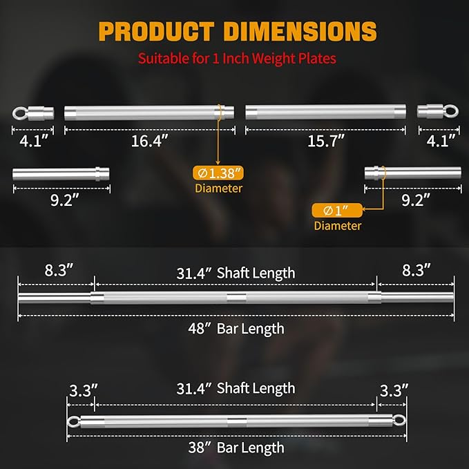 DASKING 4ft/4.9ft Barbell, 1-Inch Standard Detachable Bar, Portable Strength Training Bar for Weightlifting, Squat, Bench Press, Home Gym, 450LBS, Includes Silent Collars