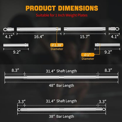 DASKING 4ft/4.9ft Barbell, 1-Inch Standard Detachable Bar, Portable Strength Training Bar for Weightlifting, Squat, Bench Press, Home Gym, 450LBS, Includes Silent Collars