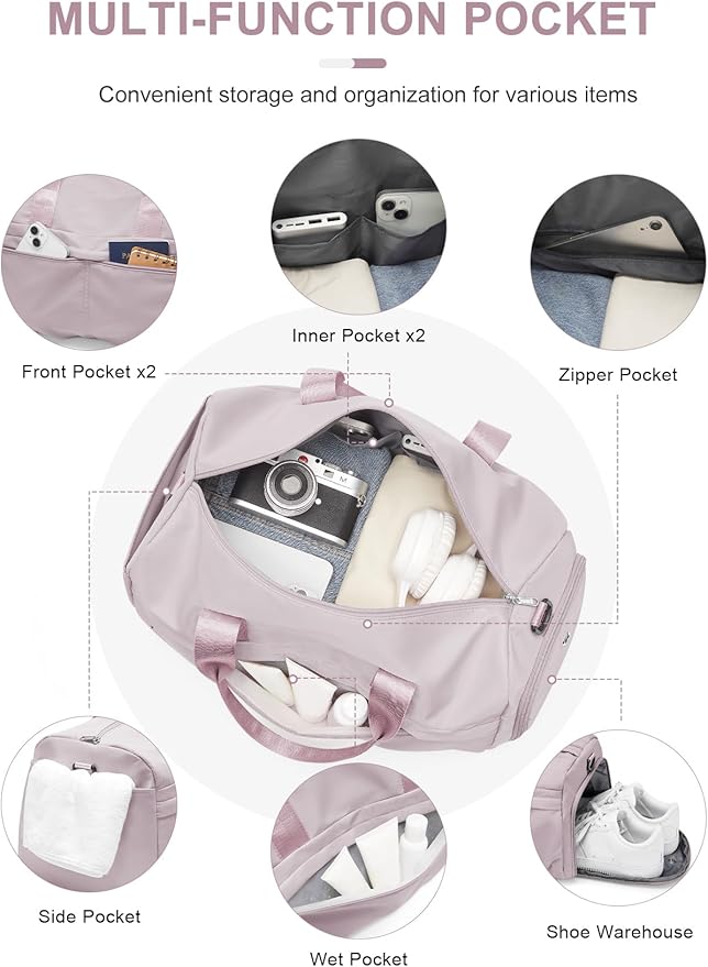 Gym Bag for Women Duffle Bag with Shoe Compartment Yoga Mat Bag Sports Workout Bag Weekend Overnight Bag, Light Pink