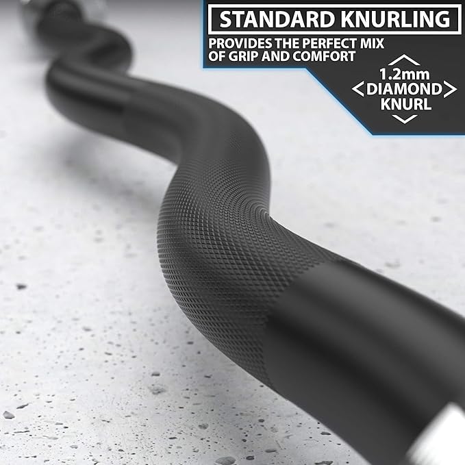 Synergee Commercial EZ Curl Olympic Bar Chrome & Black Phosphate with Powder Coated Brass Bushings Excellent for Bicep Curls and Triceps Extensions