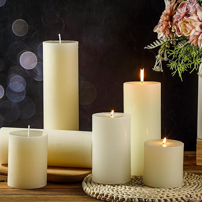 Shihanee 12 Pcs Pillar Candles 3 in x 3,4,5,6,8,10 Dripless Unscented Smokeless Candle Long Burning Decorative Rustic Candles with Cotton Wick for Wedding Home Fireplace (Ivory White)