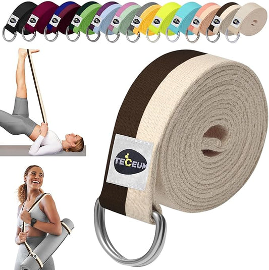 TECEUM Yoga Strap & Mat Strap – 2 IN 1 – Cotton – 6 ft 8 ft 10 ft (30+ colors) – Adjustable Non-Slip Belt for Yoga, Pilates, Stretching, Physical Therapy, Fitness & Home Workout – For Carrying Mats