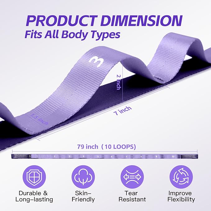 Stretching Strap with Loops - Non Elastic Yoga Straps for Physical Therapy, Durable Stretch Bands for Exercise, Flexibility Training, Hamstring & Leg Stretcher, Yoga/Pilates/Gymnastics