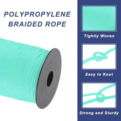 MECCANIXITY 1/8 Inch Polypropylene Rope Braided Ropes, 328ft Nylon Rope Hollow Utility Cord for Clothesline, Camping, Hiking, Outdoor, Light Blue