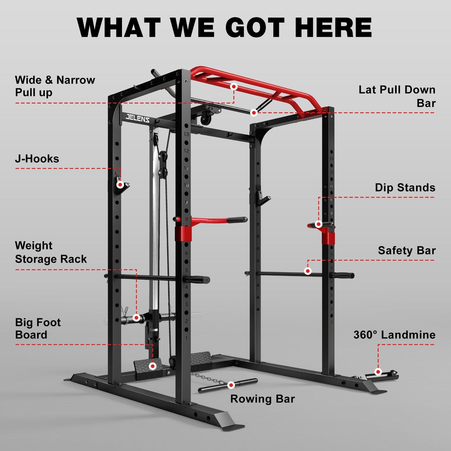 JELENS S11 Power Cage, 2000LB Multi-Function Power Rack with LAT Pulldown, Squat Rack with