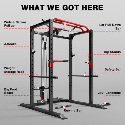 JELENS S11 Power Cage, 2000LB Multi-Function Power Rack with LAT Pulldown, Squat Rack with