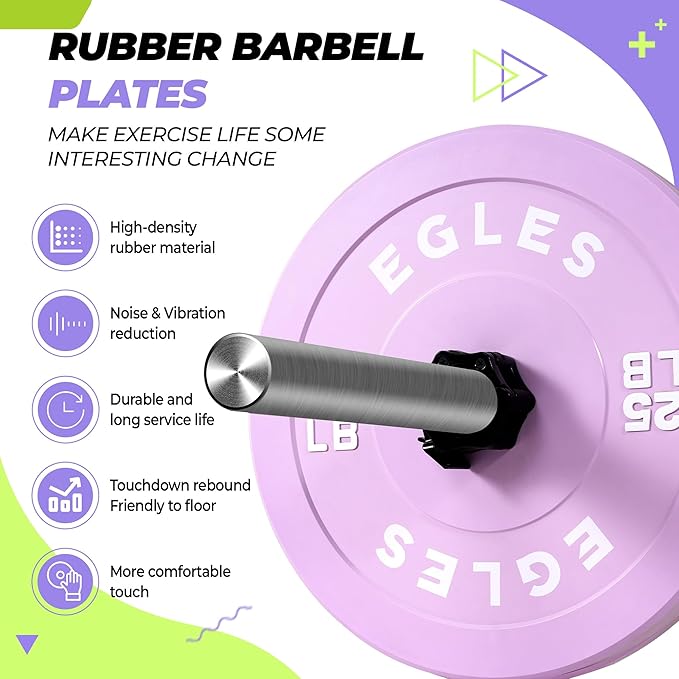 EGLES Vibrant Colorful Olympic Weight Plates, Rubber Barbell Plates, 2-inch Standard Virgin Rubber Bumper Plate 10 15 25 35 45LB for Home Gym Weightlifting, Strength Training, Fit Workouts